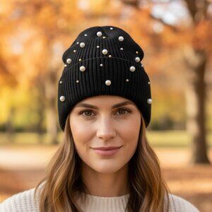 2/$30 Elegant Black Knit Beanie Hat With Faux Pearl & Gold Stud Embellishments